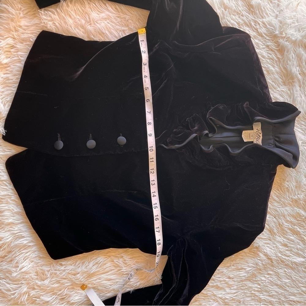 Vintage Patra Black Velvet Satin Ruffle Jacket Women's 14P Long Sleeve Coat - Picture 4 of 5
